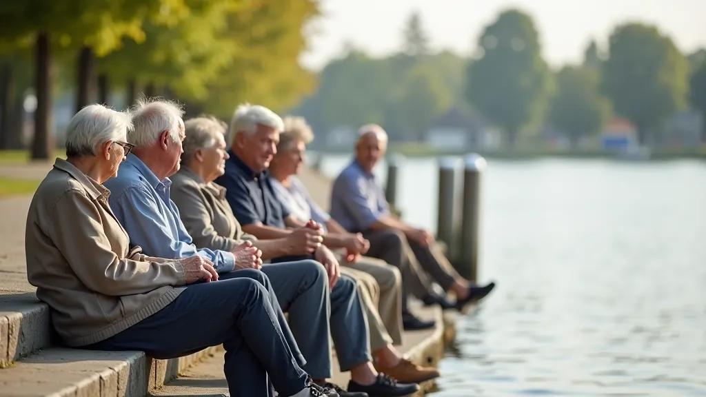 Grupa senioru sēž uz ūdenskauga, baudī skatu uz jūru, mierīga atmosfēra