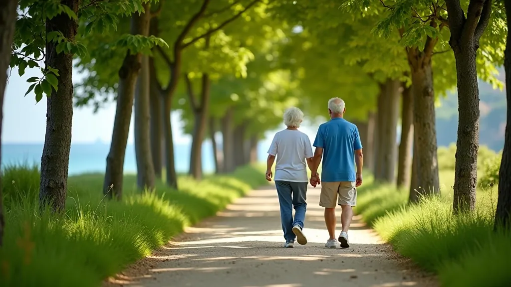 Seniori staigā pa koku alēju pie jūras, saulaina diena, zaļas lapas, jūra fona
