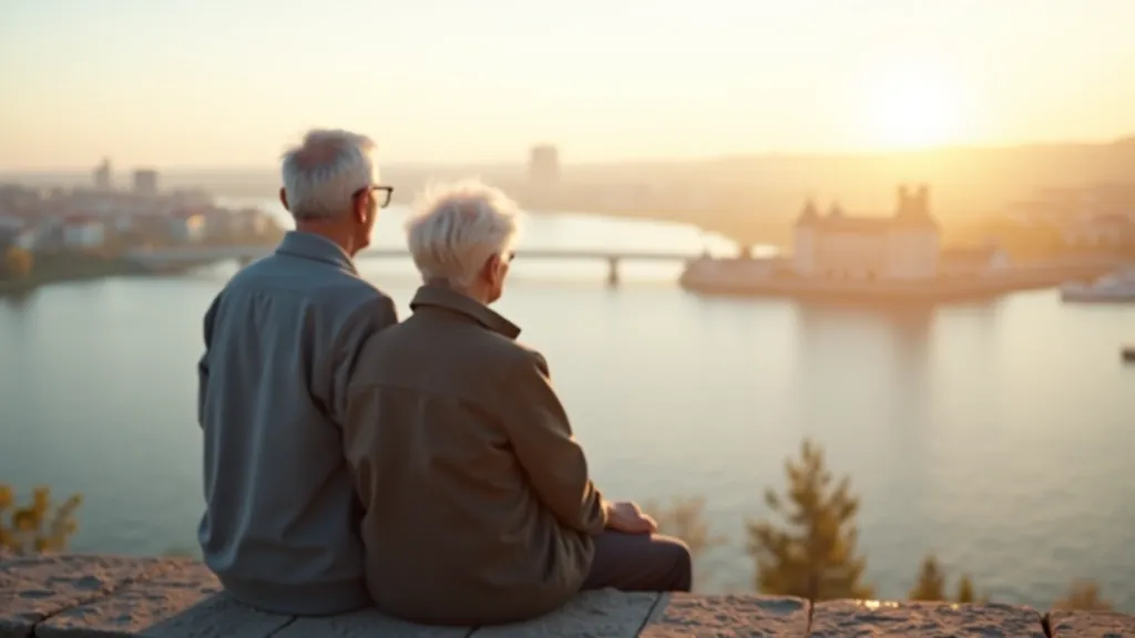 Seniori sēž uz paugura pie ūdens, skats uz jūru un Rīgas siluetu horizonta tālumā